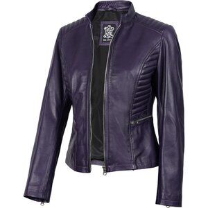 Women's Cafe Racer Style Real Leather Jackets Rachel Purple Zipper Long Sleeves